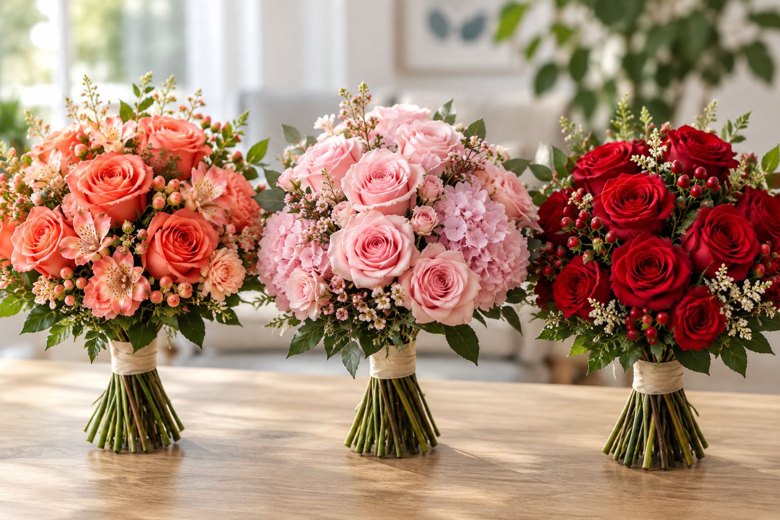 Coral roses, soft pink roses with hydrangeas, and red roses shown side by side