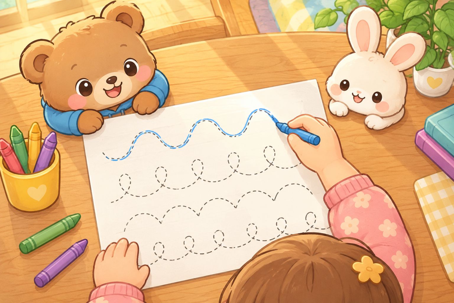 A child follows a dotted curved path on a loose practice sheet at an uncluttered table.