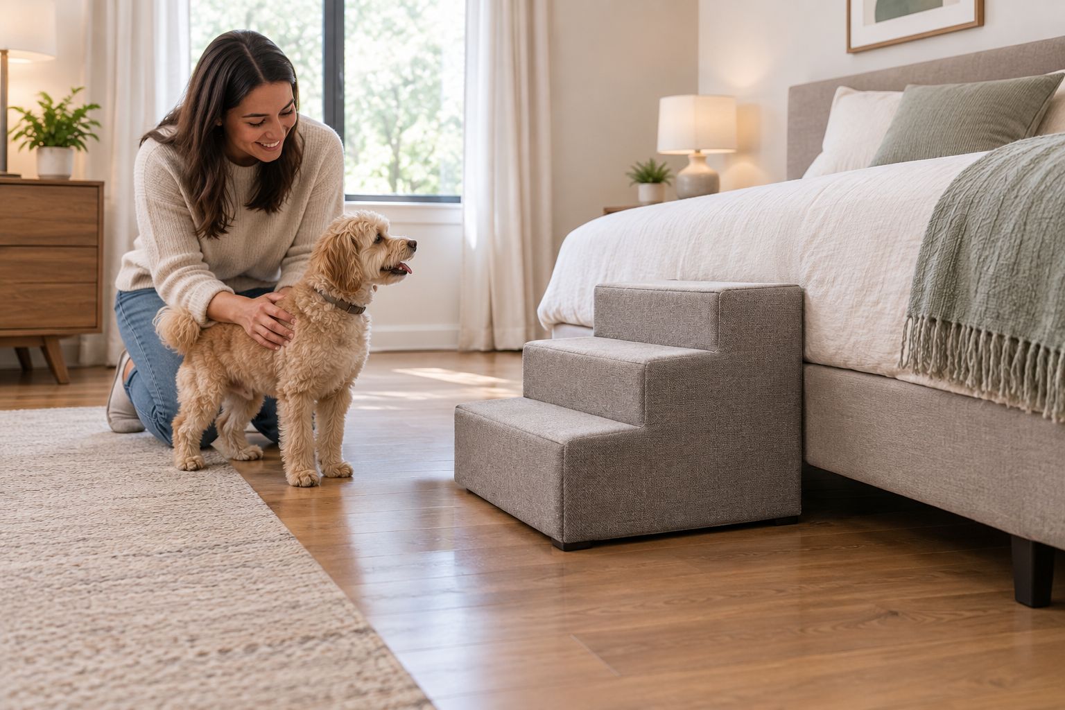 Pet stairs beside a bed with a clear approach and an owner supervising a small dog