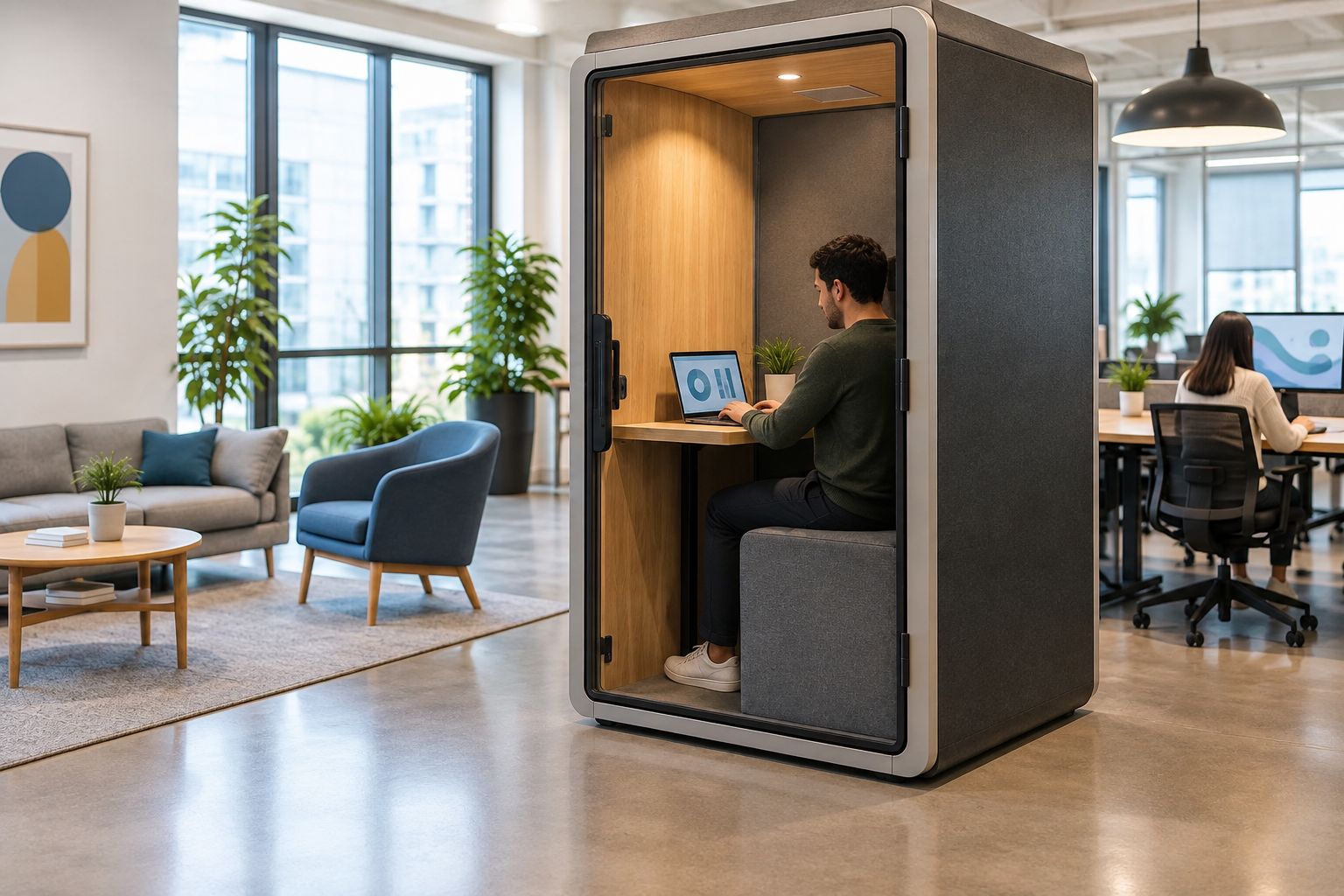An enclosed office booth used for individual work beside an open-plan desk area