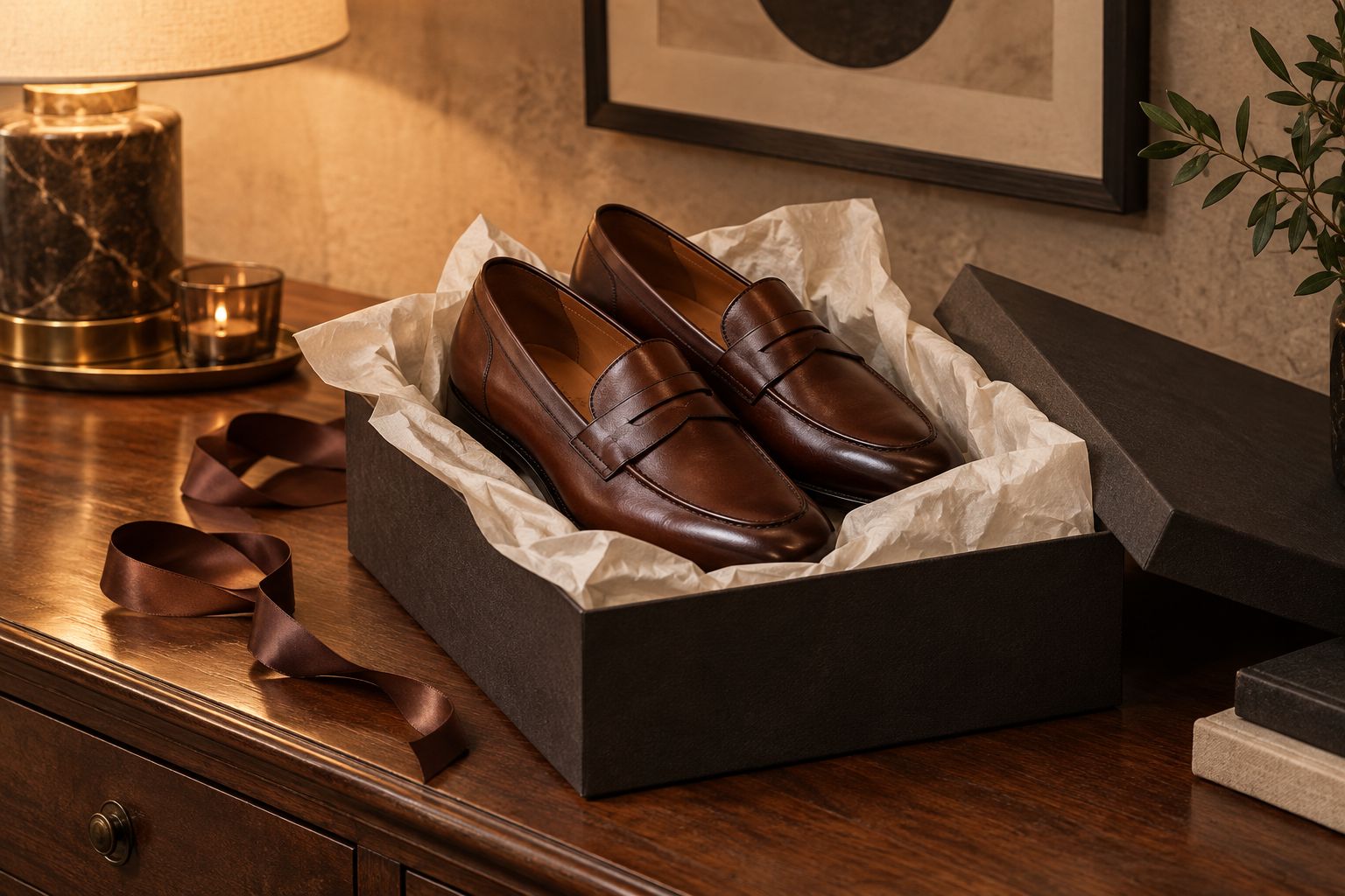 Leather loafers presented in an open gift box on a dresser