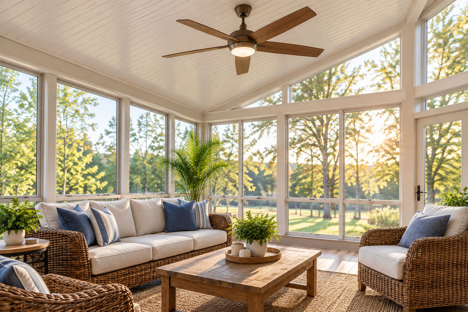 Ceiling fan mounted in a bright glass sunroom