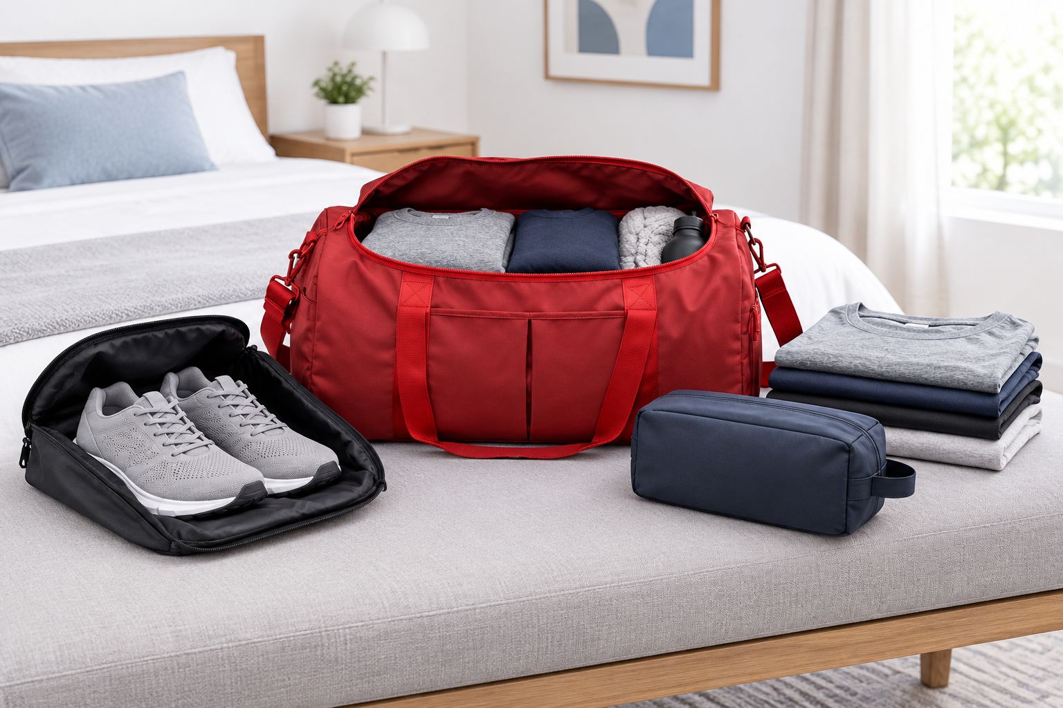 An open duffel beside grouped clothing, separately contained trainers, and a toiletry pouch