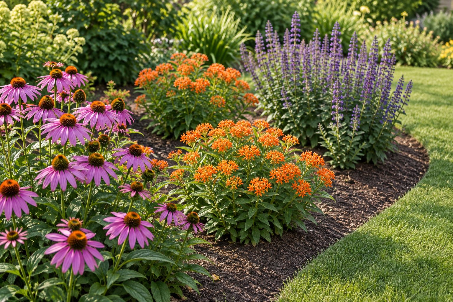 Grouped pollinator flowers in a clearly edged garden bed beside a lawn