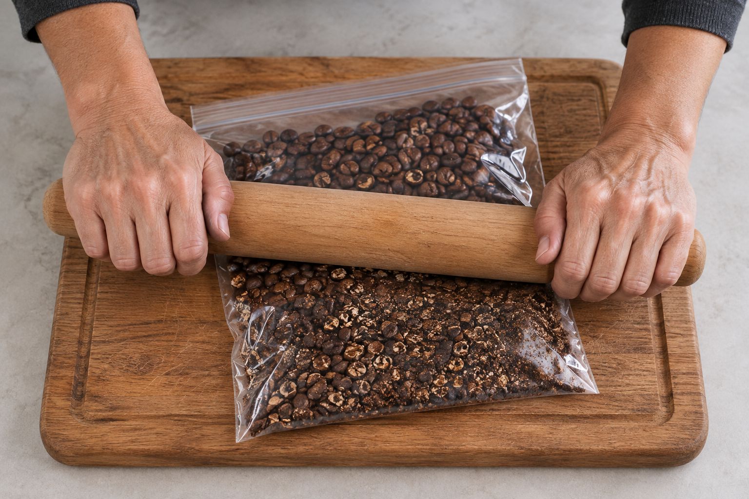 Rolling pin pressing coffee beans inside a food-safe bag on a cutting board