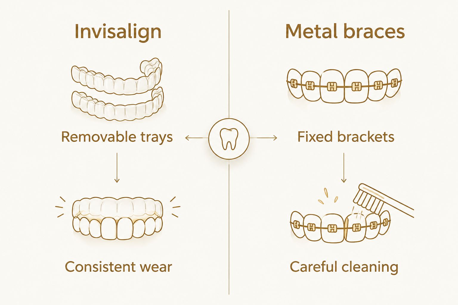 Comparison of removable Invisalign trays and fixed metal braces with their main daily responsibilities.