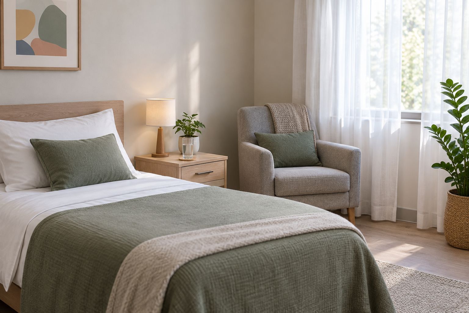 Quiet private inpatient room used for supervised addiction detox