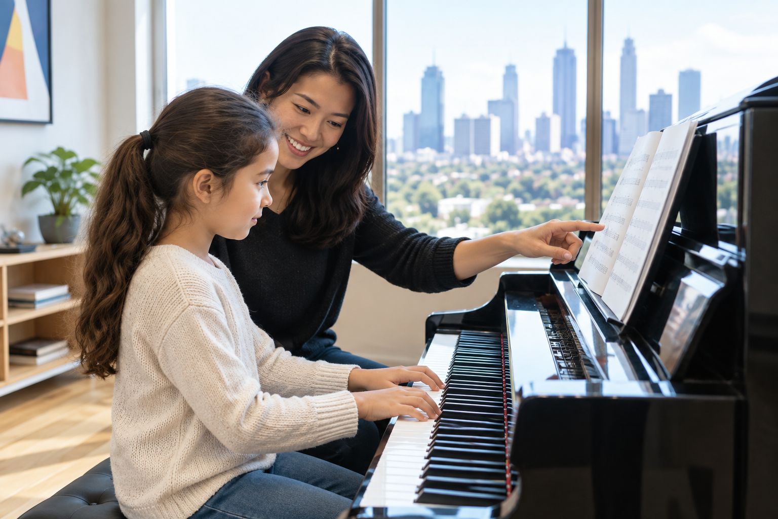Piano teacher and young student practicing together in a bright studio