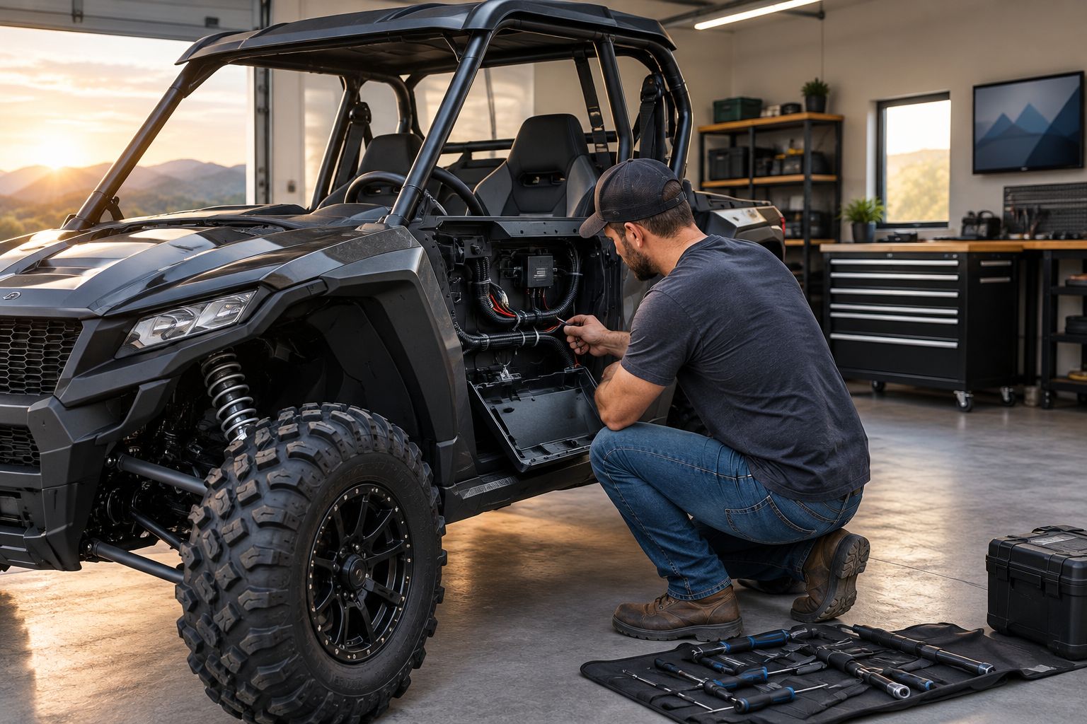 Technician inspecting secured accessory wiring behind a side-by-side dashboard
