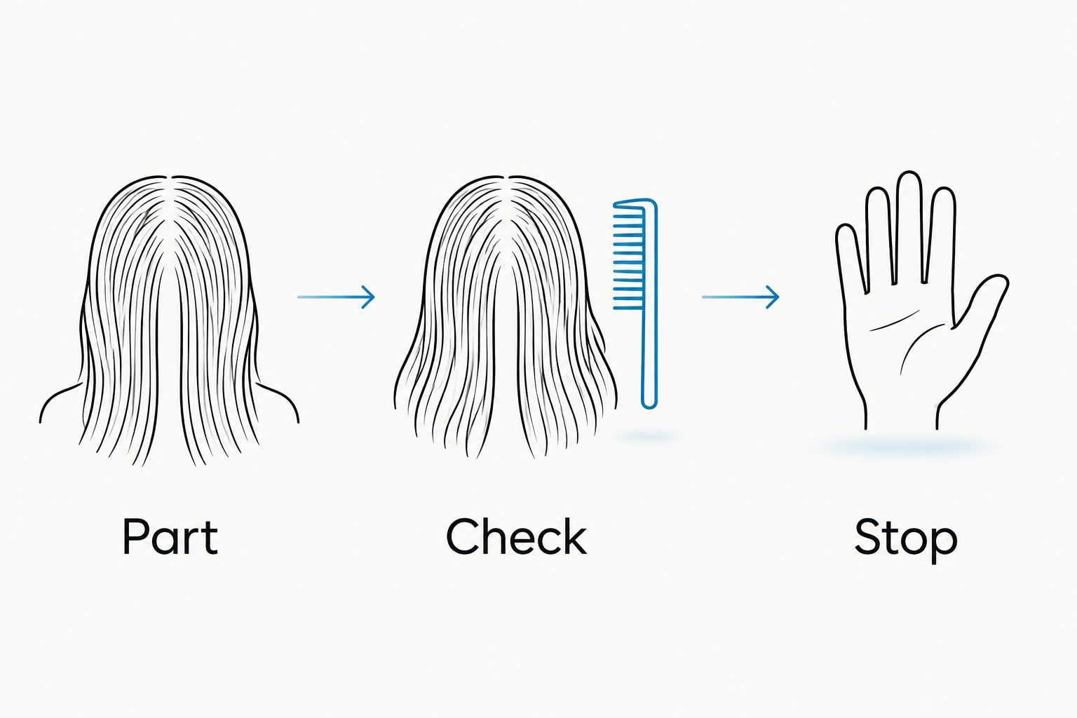 Three grooming steps: part the coat, check a section, and stop at resistance