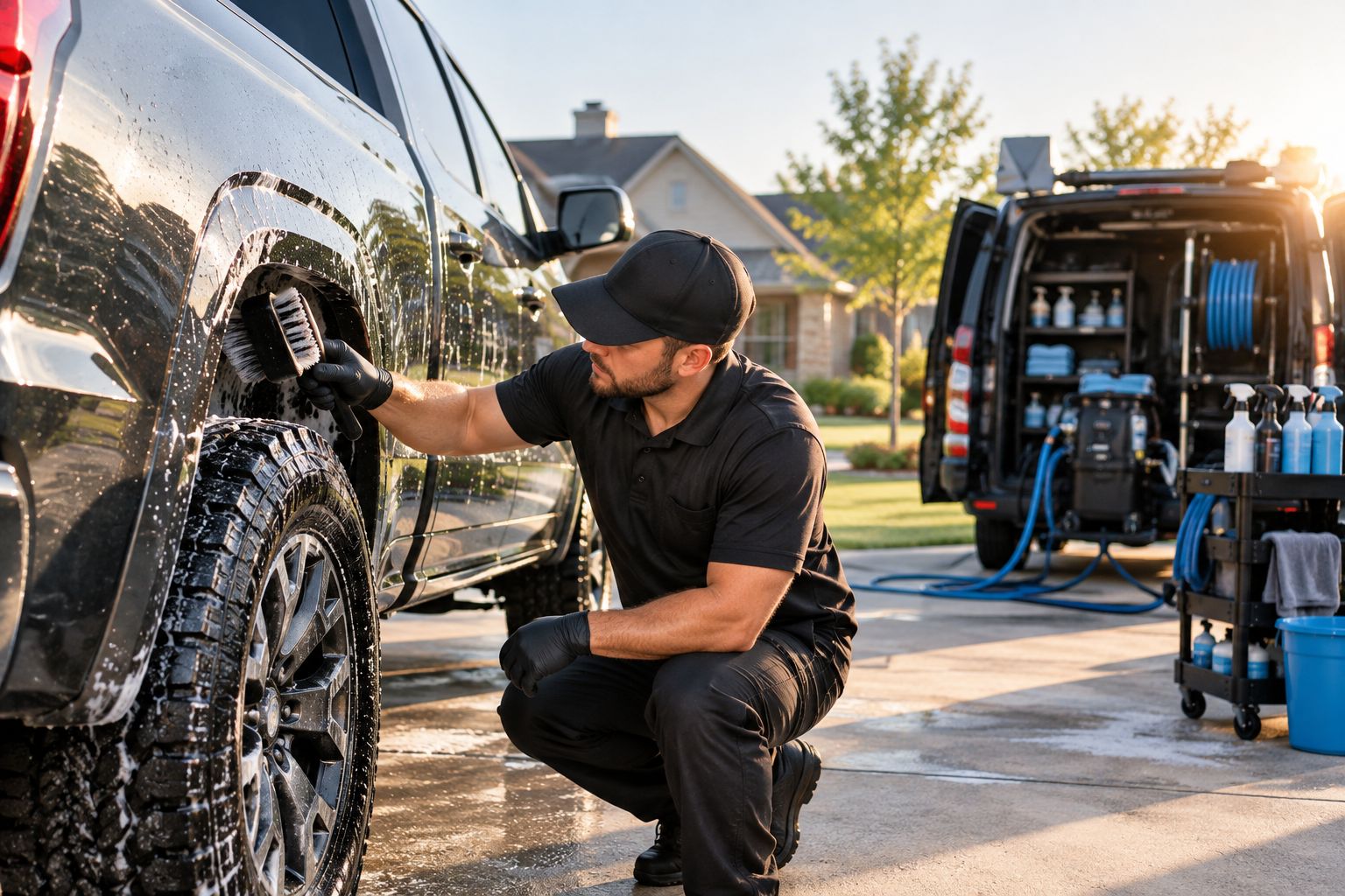 Mobile detailer cleaning a truck wheel well in an OKC driveway