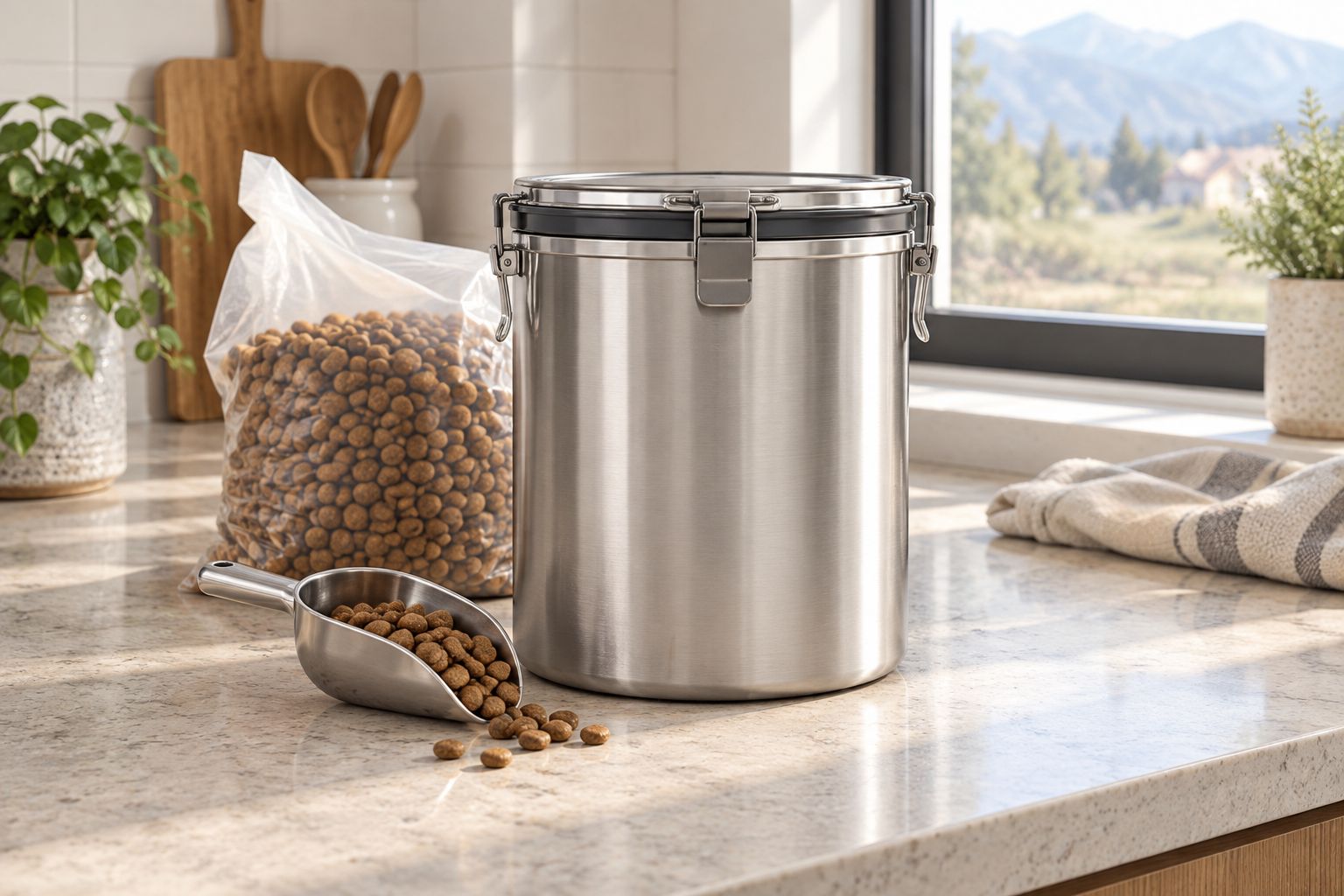 Stainless steel dog food storage canister with a locking lid on a kitchen counter
