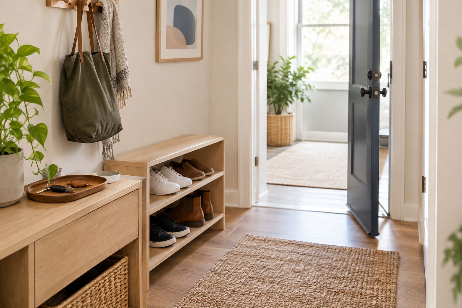 Simple apartment entryway with accessible shoe storage, a key tray, and a clear doorway.