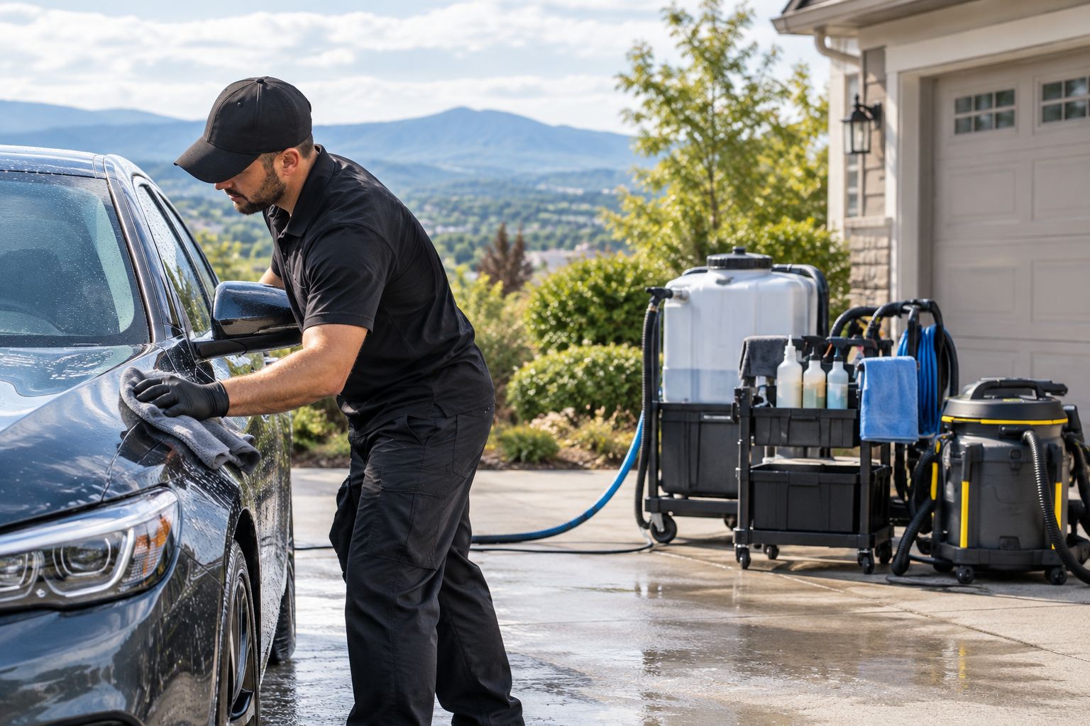 Mobile detailing technician cleaning a car in a home driveway
