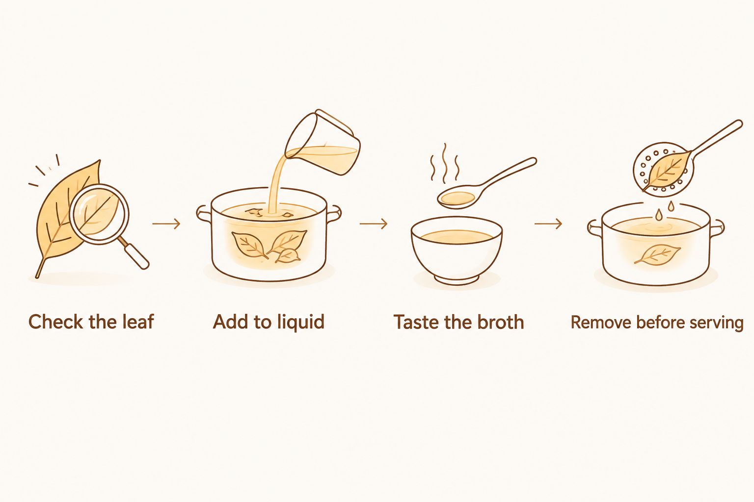 Four steps for checking, infusing, tasting, and removing whole bay leaves