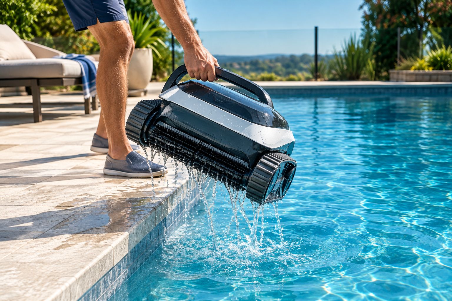 Robotic cleaner being lifted from an inground pool after cleaning