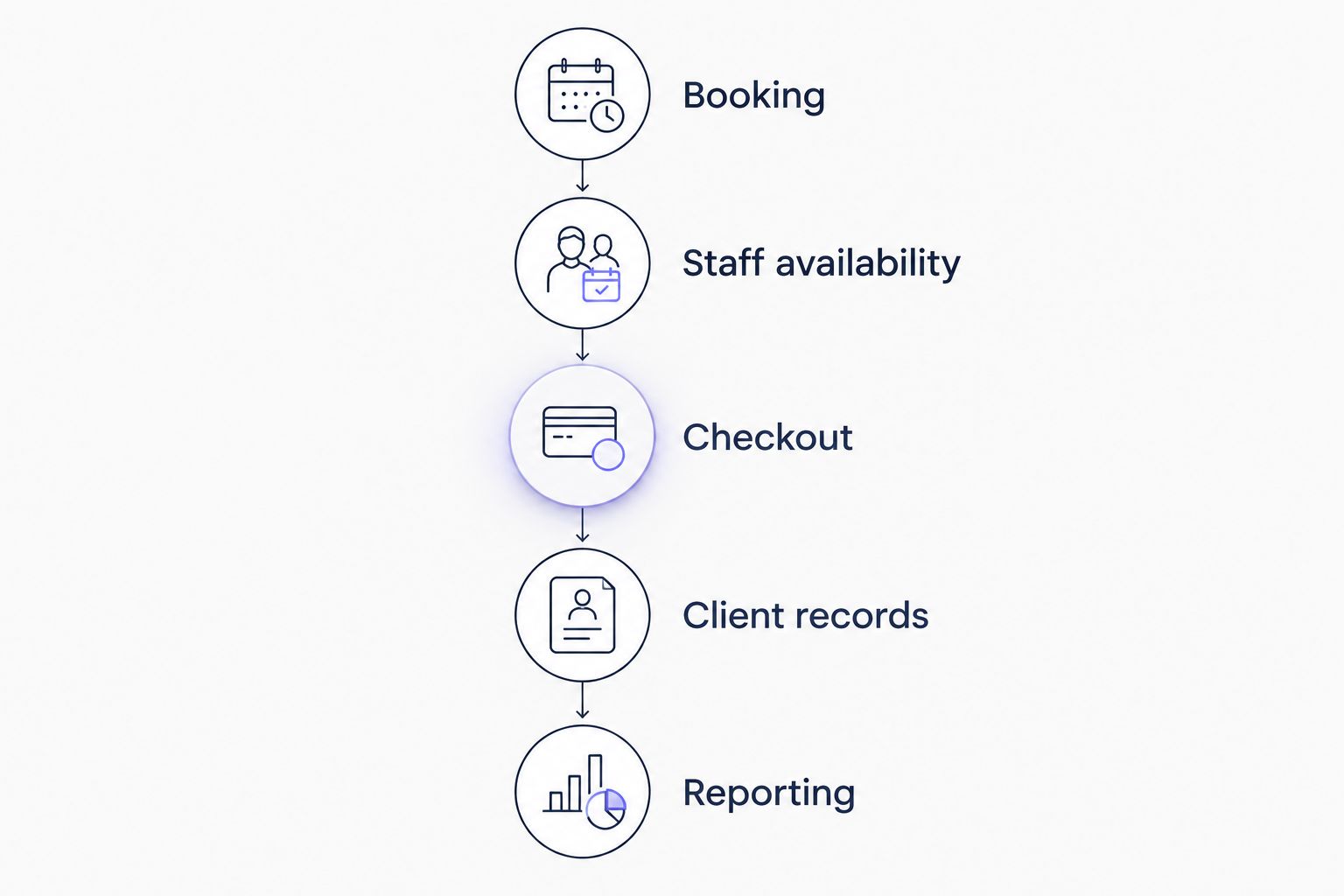 Five demonstration checks covering booking, staff availability, checkout, client records and reporting.