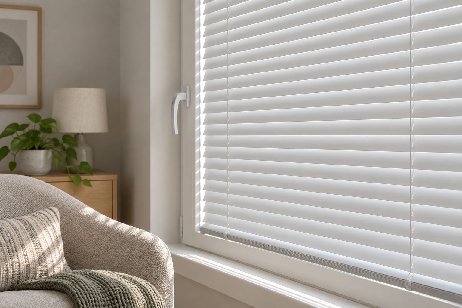 Closed window blind showing side gaps, its lower edge, and nearby obstructions