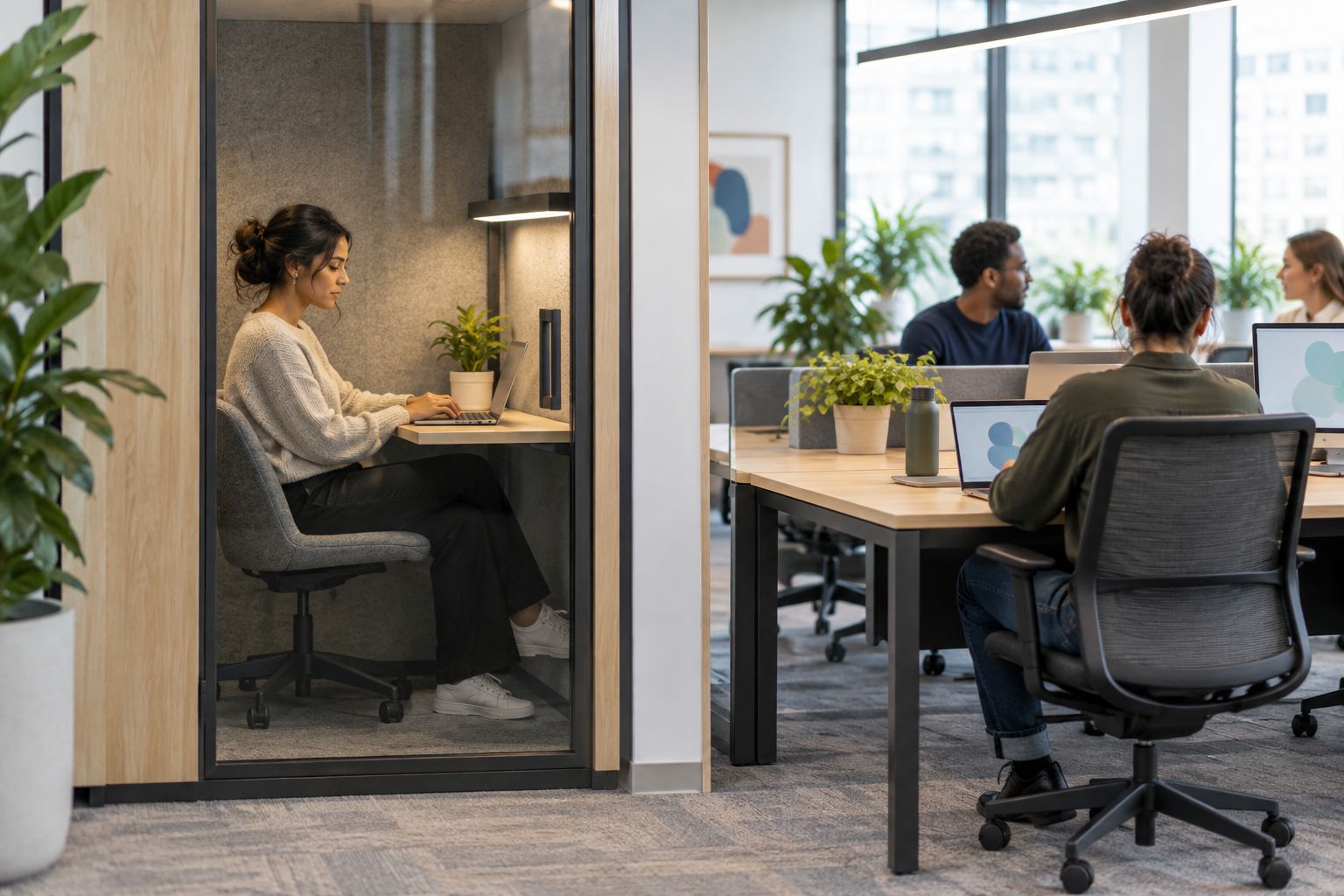 An enclosed individual workspace beside a shared office desk area