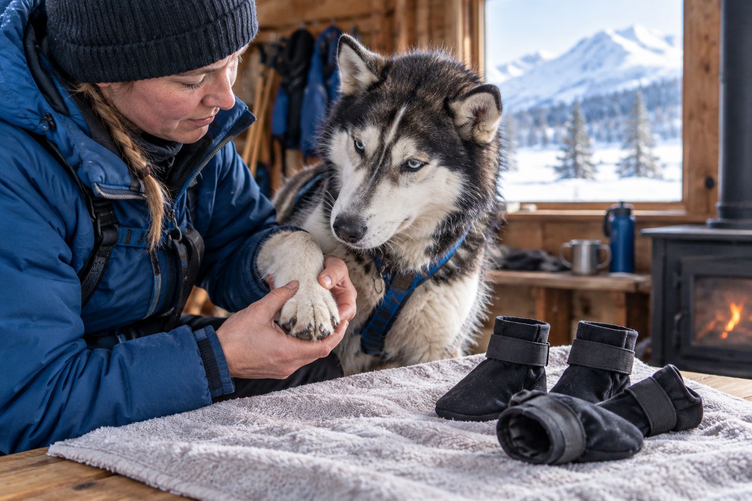 Handler inspecting a dog's paw beside fabric booties on a dry towel