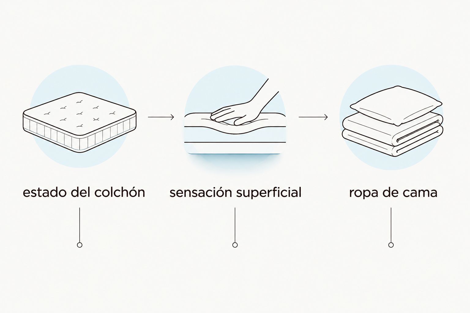 tres aspectos separados para evaluar la cama: estado del colchón, sensación superficial y ropa de cama
