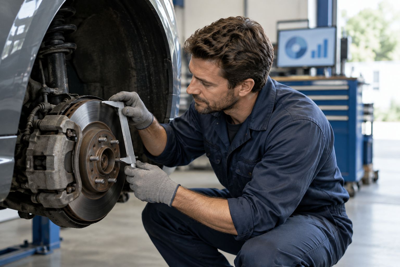 Brake rotor and caliper exposed for inspection, with a measuring tool against the rotor.