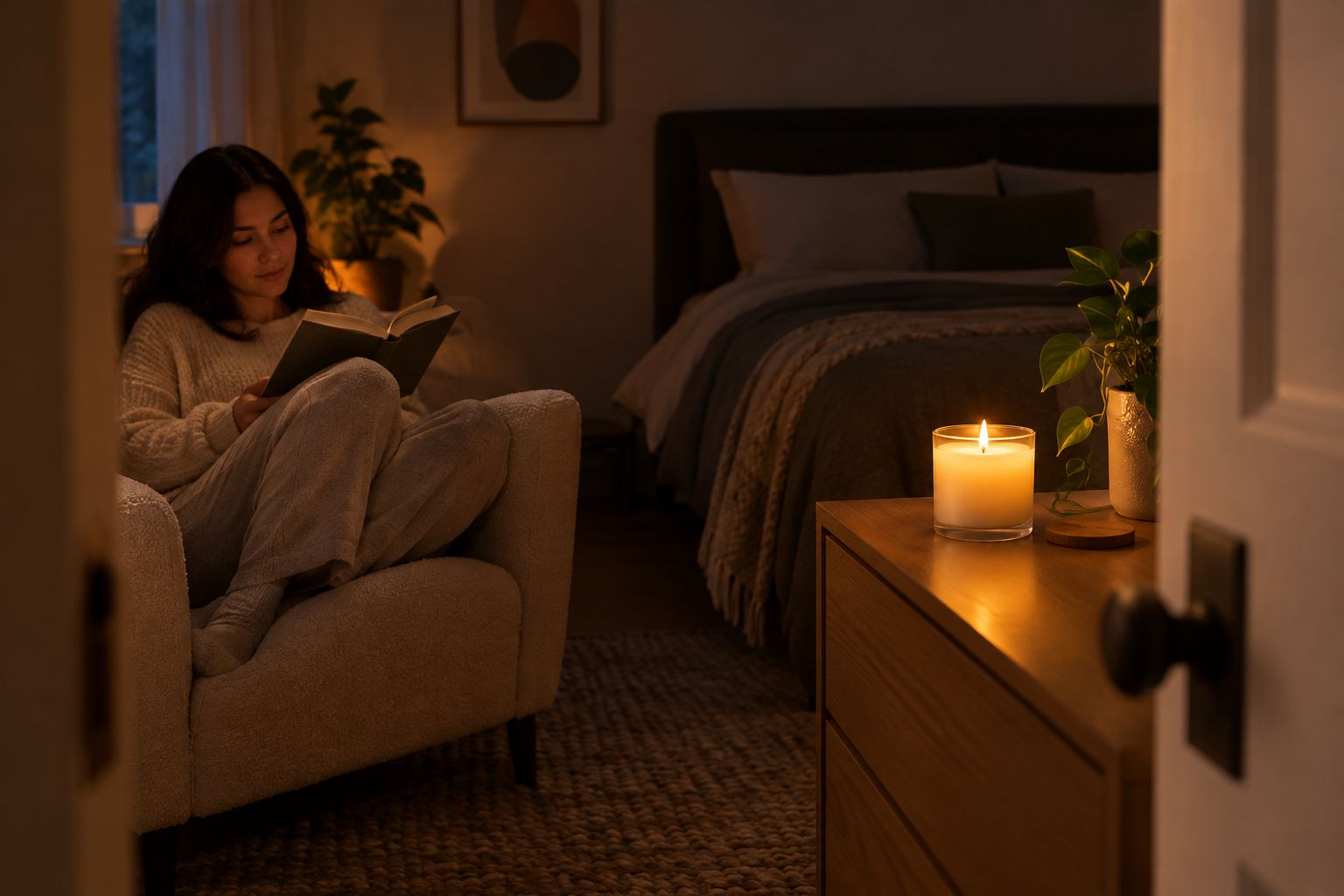 An awake reader uses a candle away from the bed during an evening routine