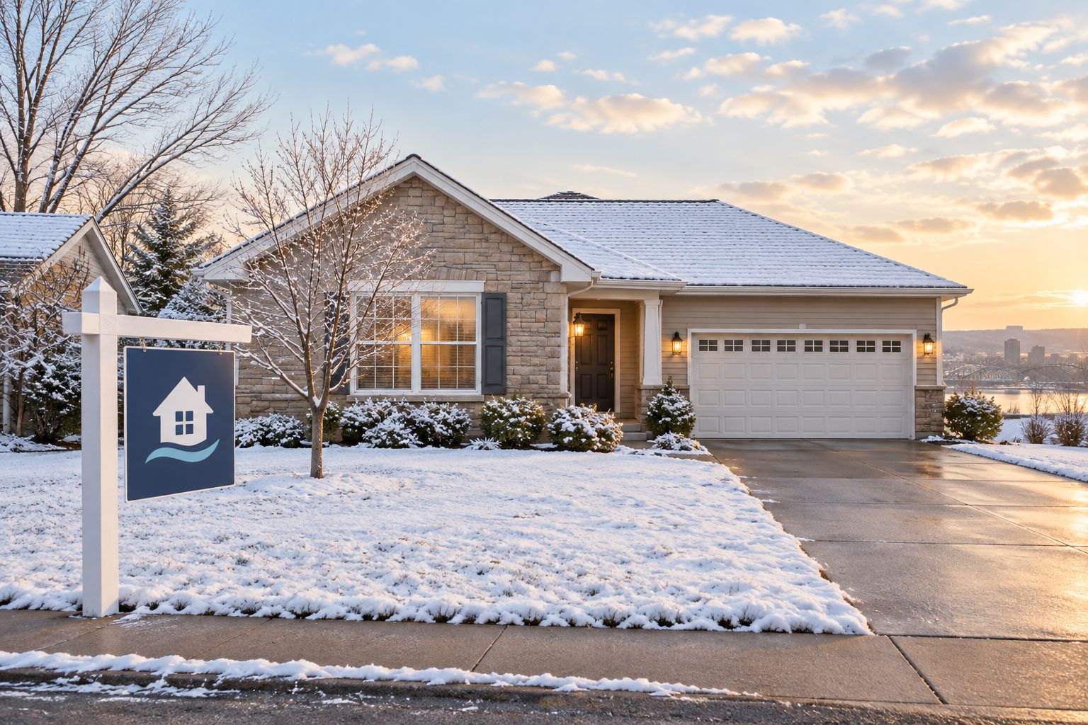 Single-story suburban home in Cincinnati with a cleared driveway in winter