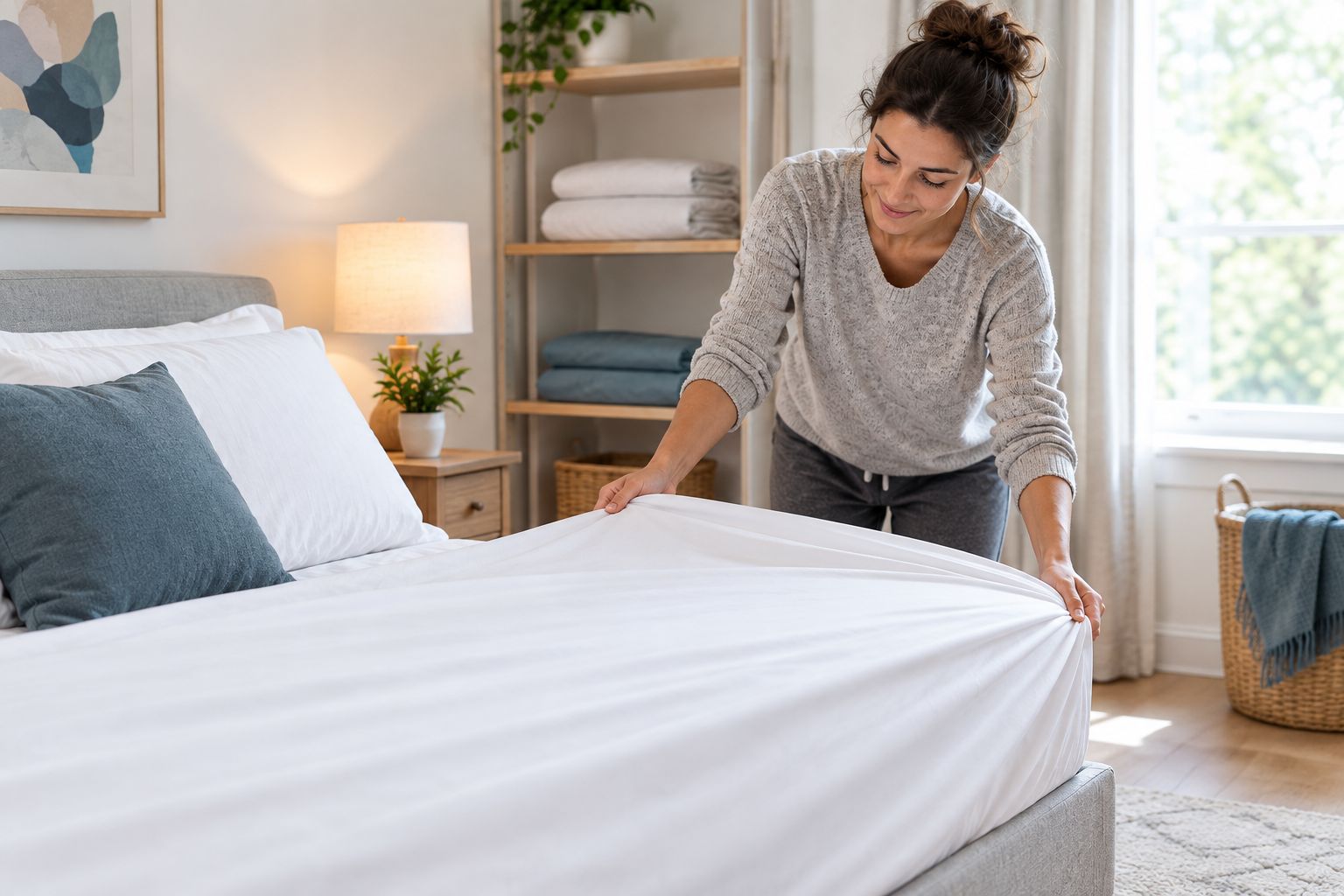 A bed being remade with clean sheets while a folded spare set sits on a nearby shelf