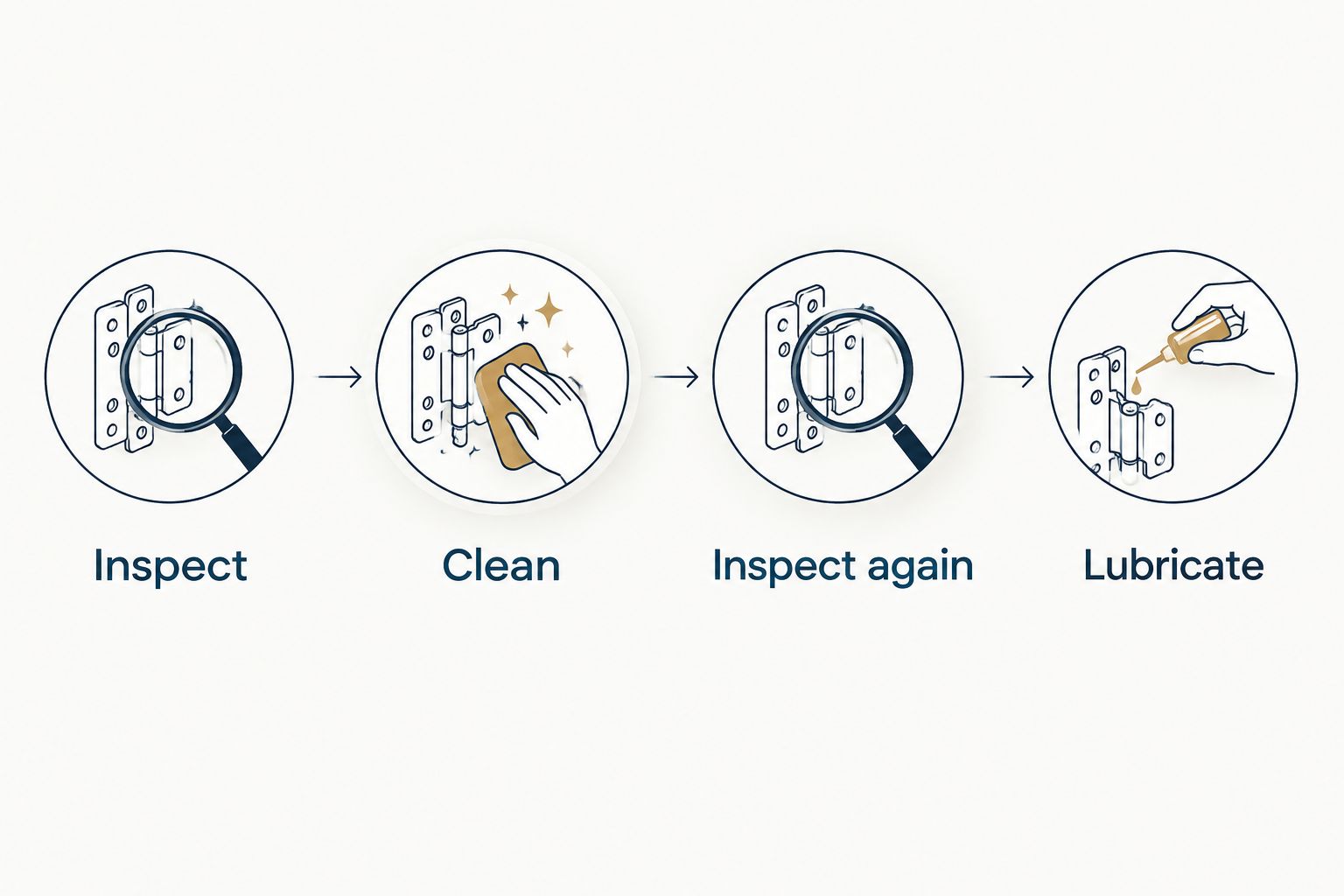 Sequence showing inspection, cleaning, another inspection and lubrication