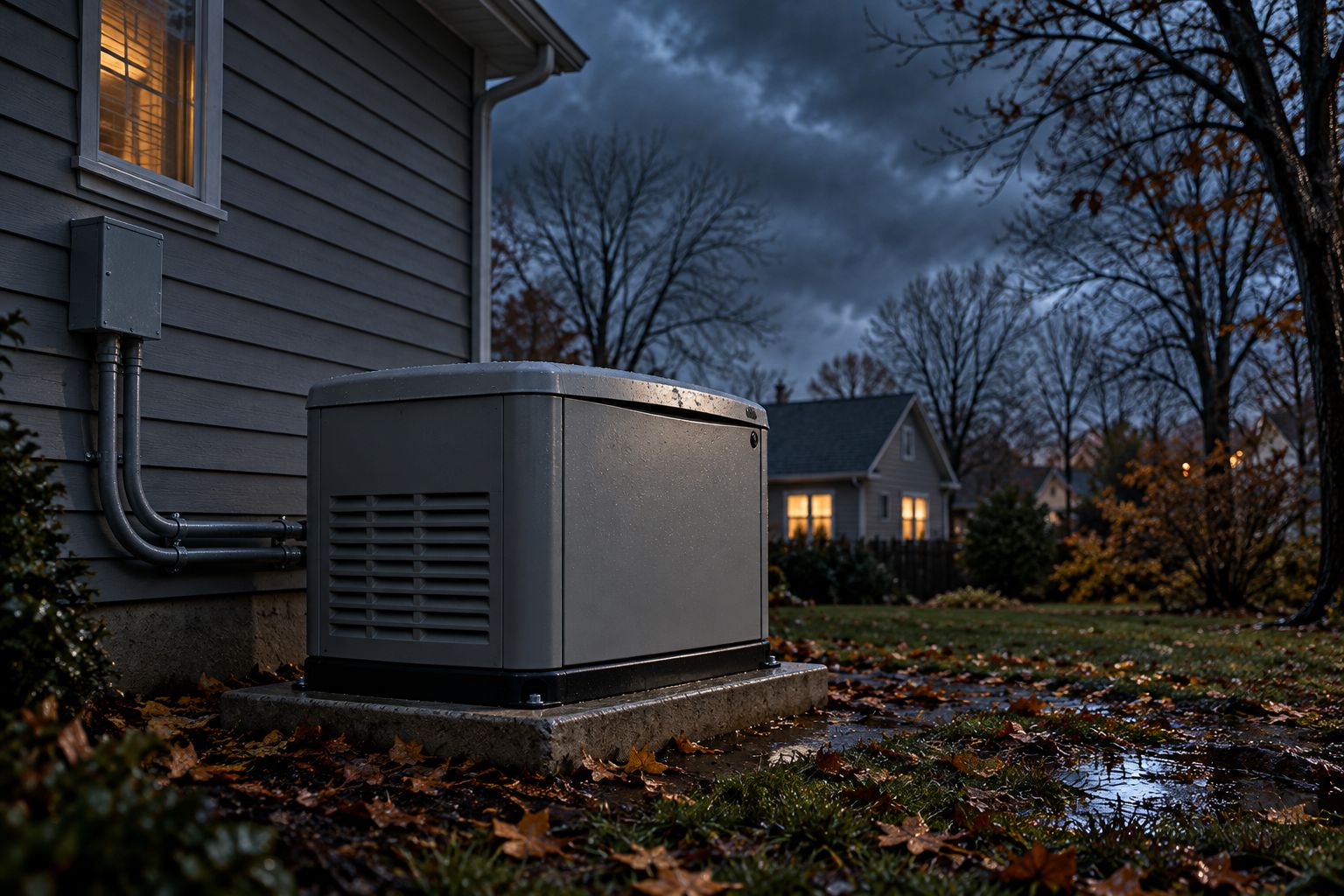 Standby generator installed on a concrete pad outside a home