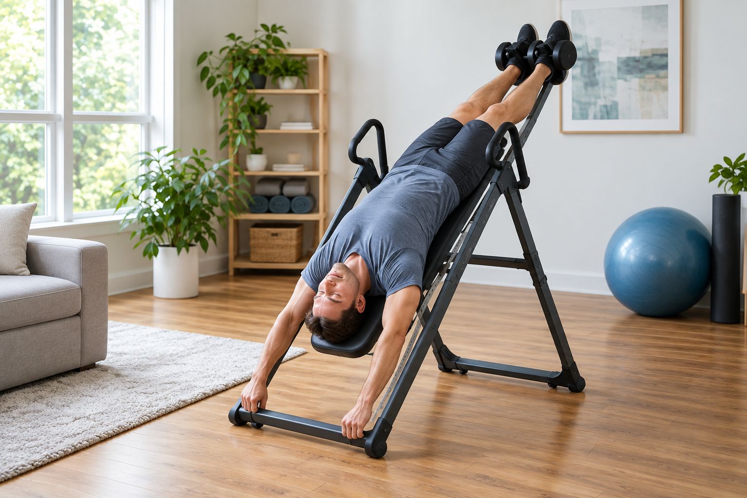 Person using an inversion table at a shallow angle in a home setting