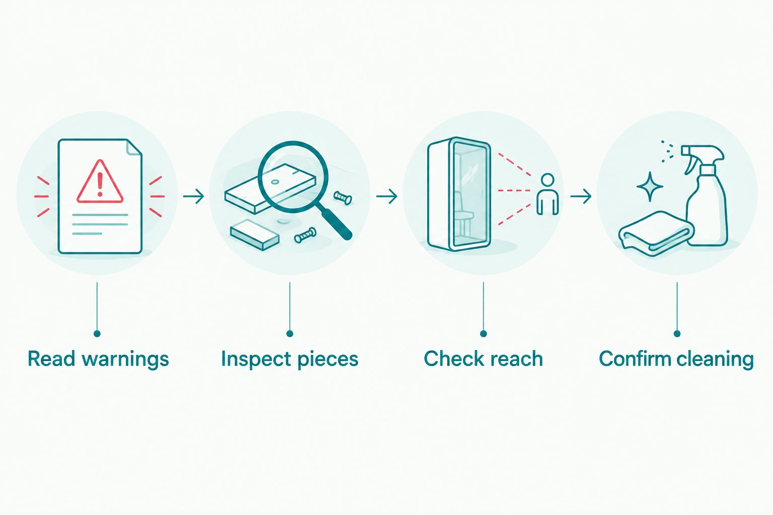Four checks covering warnings, damaged pieces, physical reach and cleaning requirements