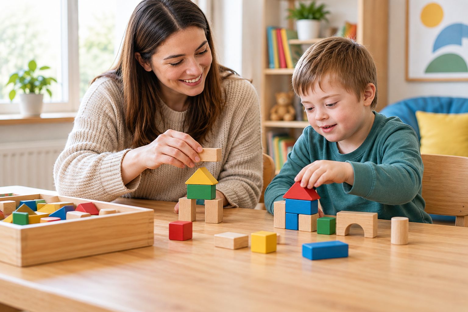 An adult models building beside a child with a small selection of wooden blocks within reach