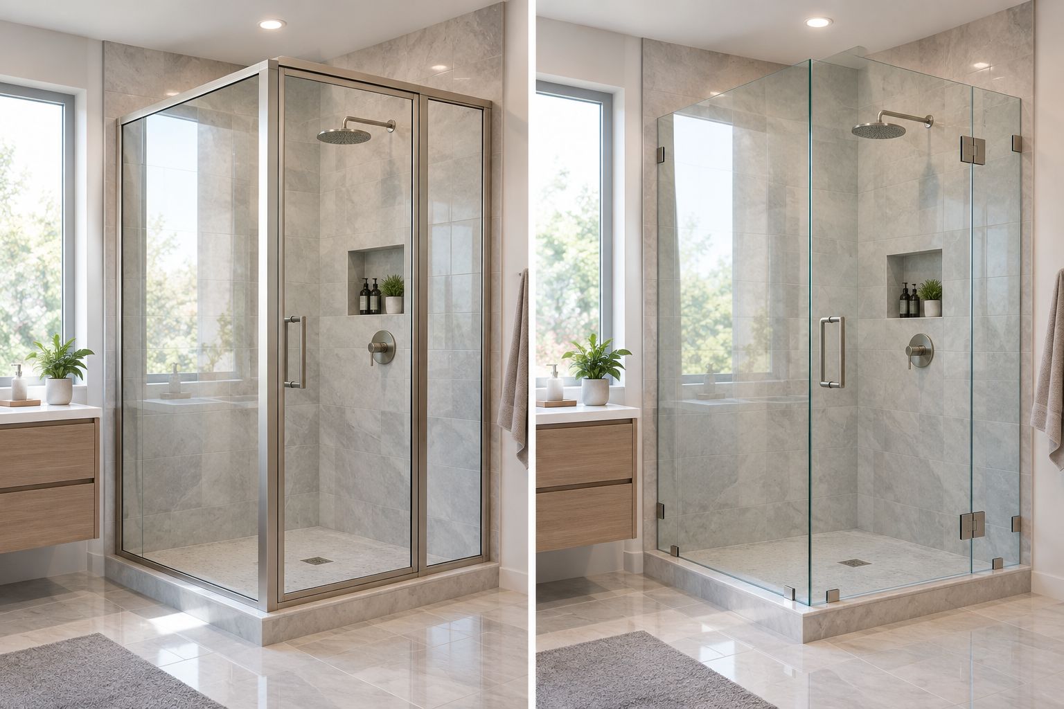Framed and frameless glass shower enclosures shown side by side