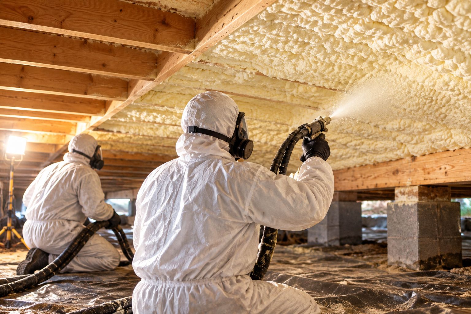 Crew applying closed-cell spray foam to crawl space floor joists