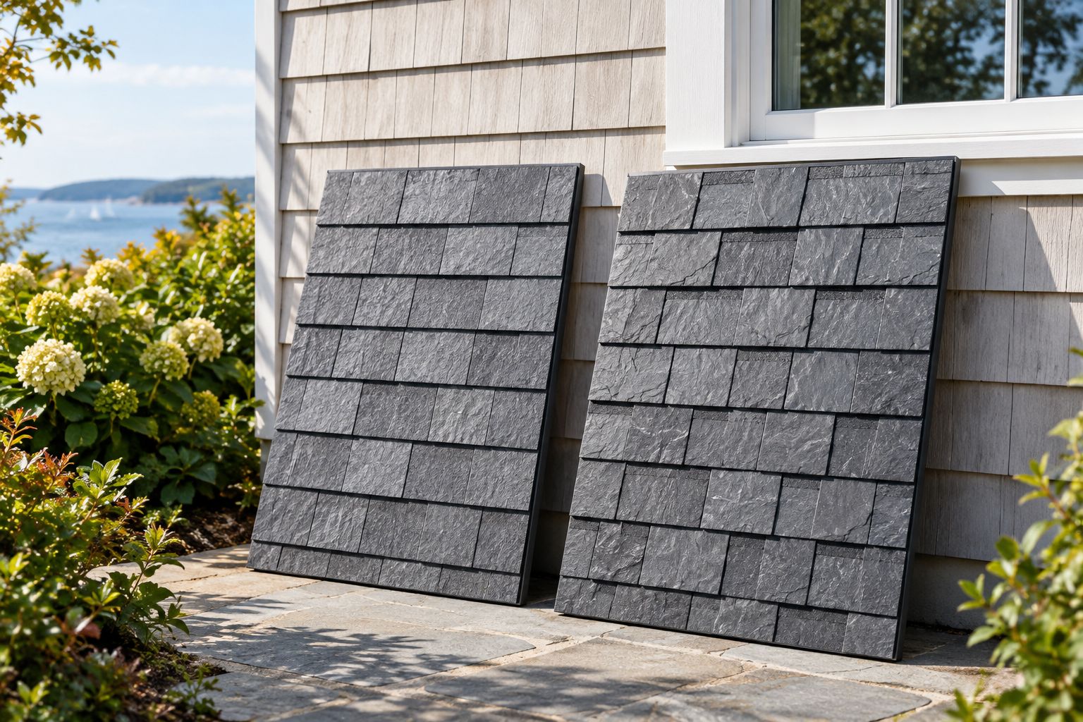 Two slate-look roofing sample boards showing different tab patterns and shadow lines