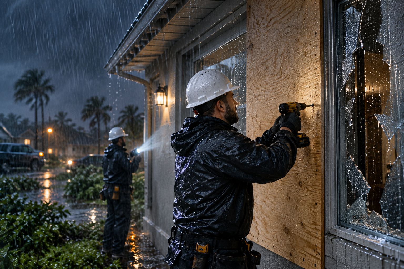 Worker boarding up a broken window with plywood during a rainstorm at night