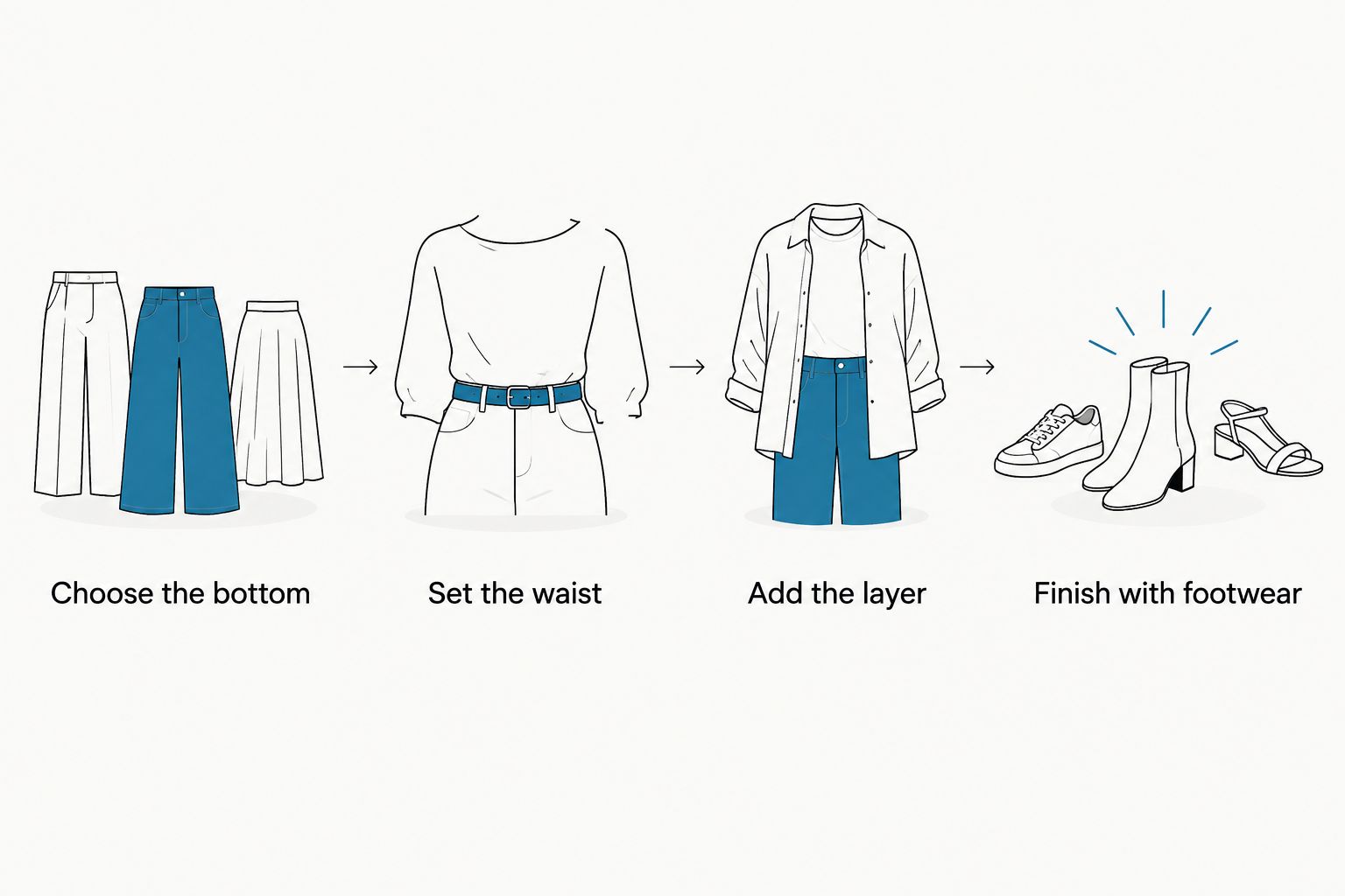 Four styling steps from choosing trousers or a skirt to finishing with footwear