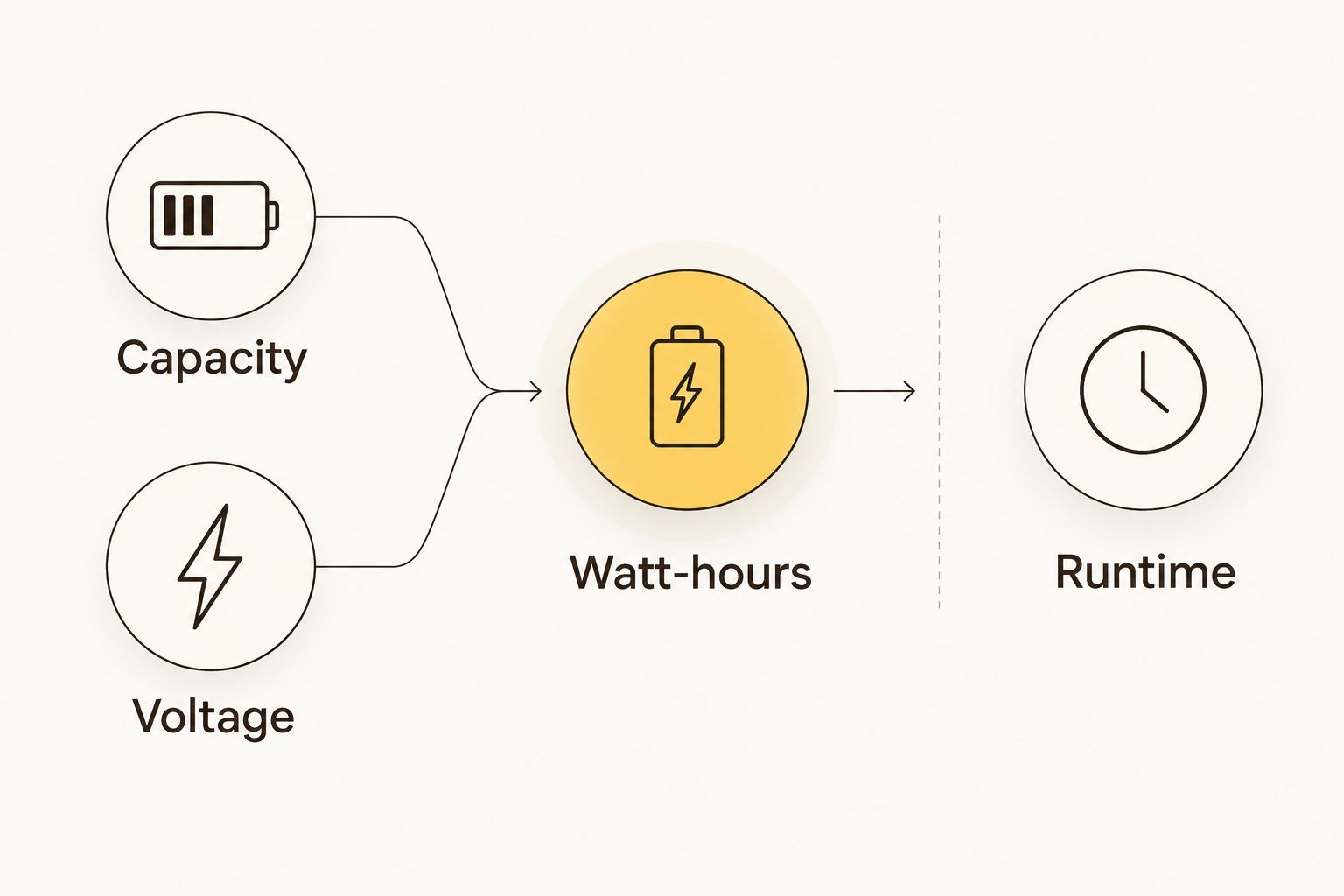 Capacity and voltage determine watt-hours, while runtime remains a separate check