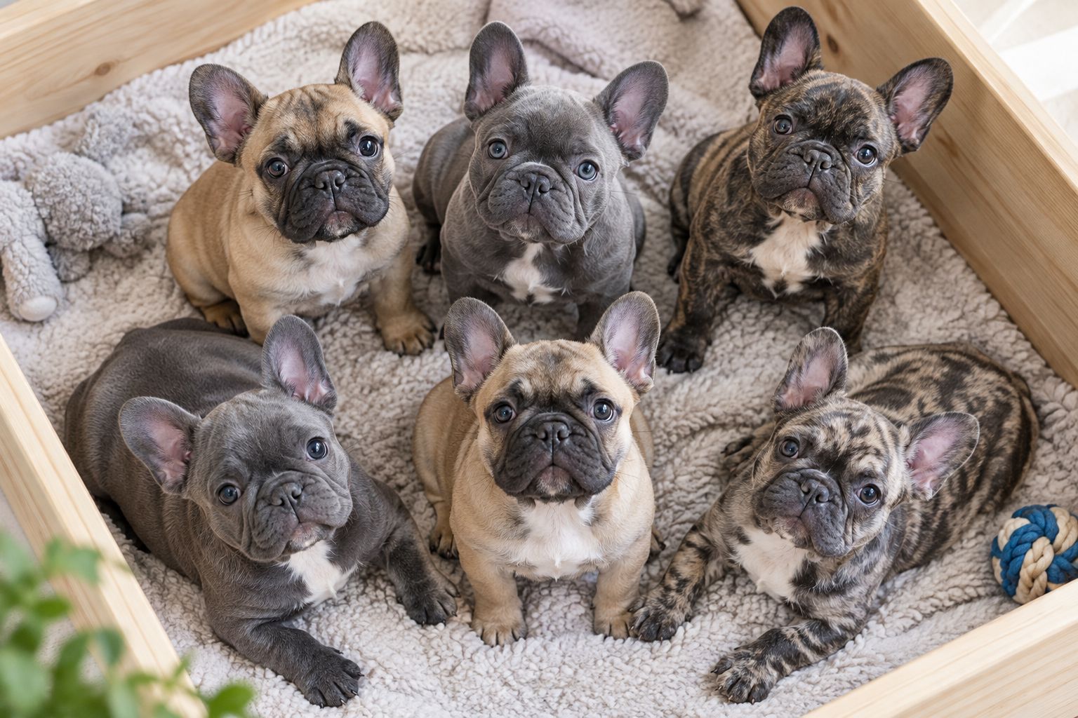 French Bulldog litter with varied coat colors from an outcross pairing