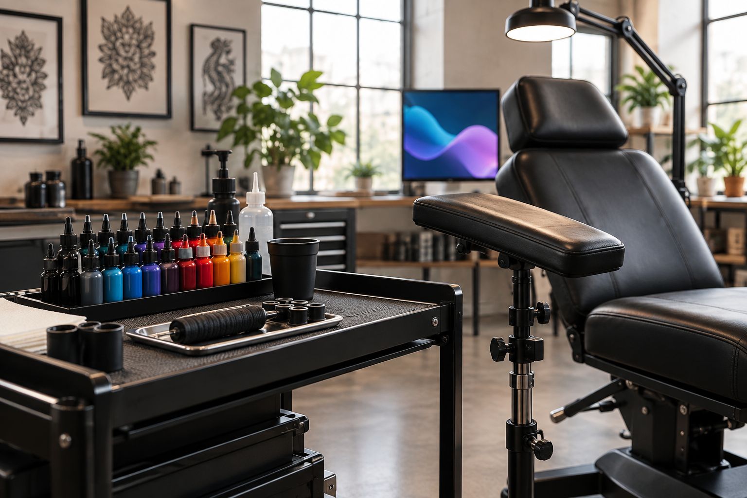 Tattoo studio workstation with ink bottles beside a chair and arm rest