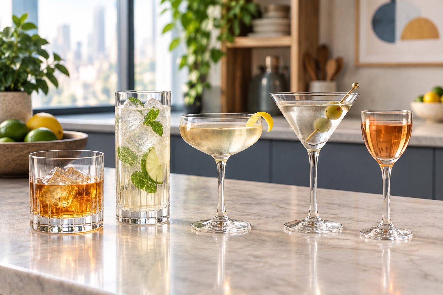 Rocks, highball, coupe, martini, and Nick & Nora glasses showing different shapes
