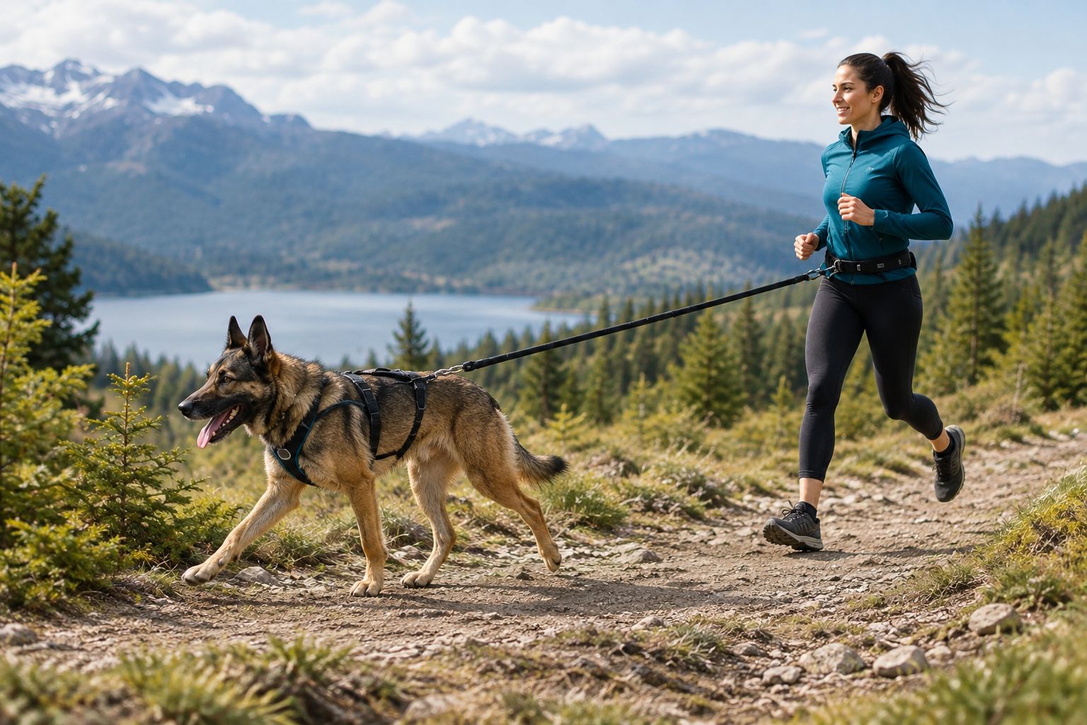 Side view of a dog moving in a pulling harness with the line gently tensioned