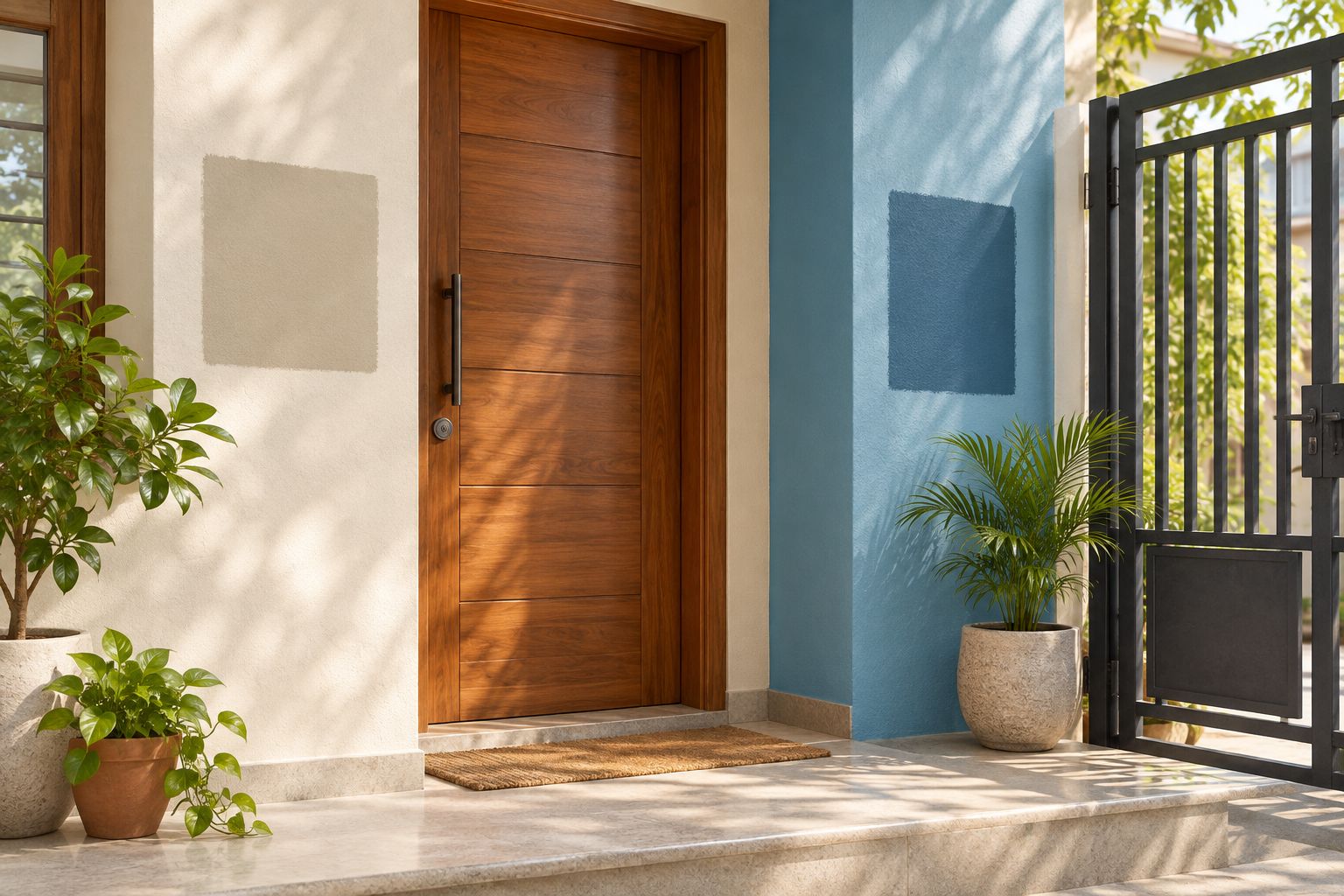 Wall colour samples beside a wooden door and metal gate at an Indian home entrance