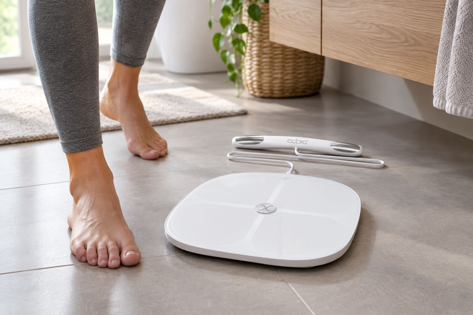 Smart scale on a bathroom floor beside an adult preparing to weigh themselves