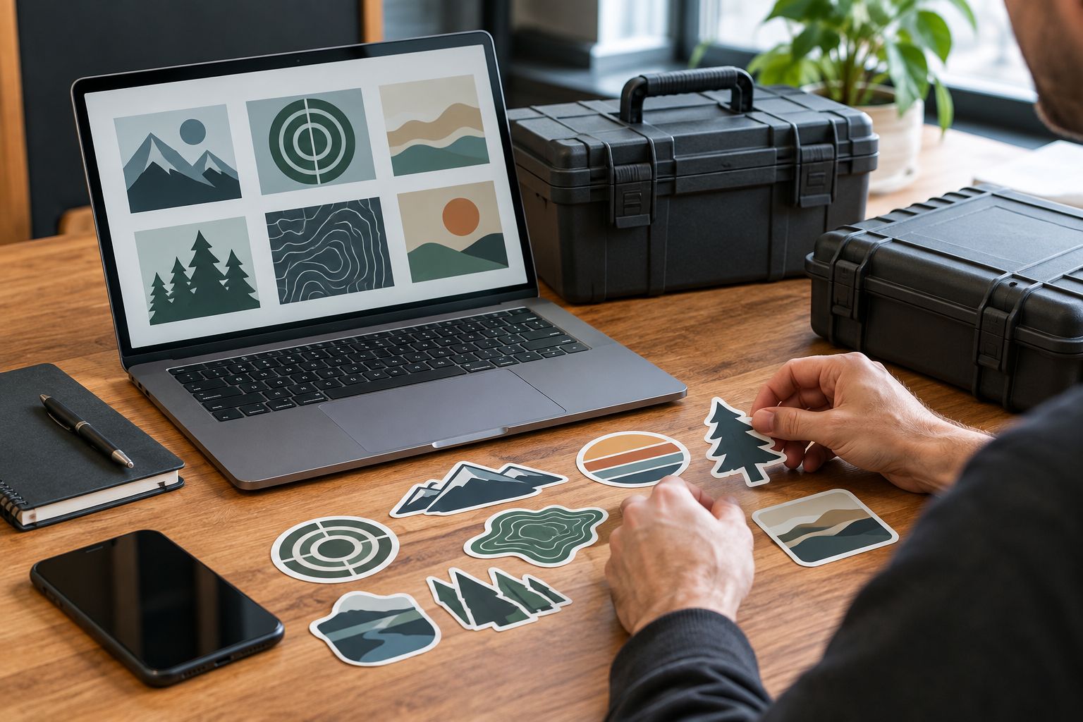 Generic stickers arranged beside a laptop, toolbox, and closed equipment case