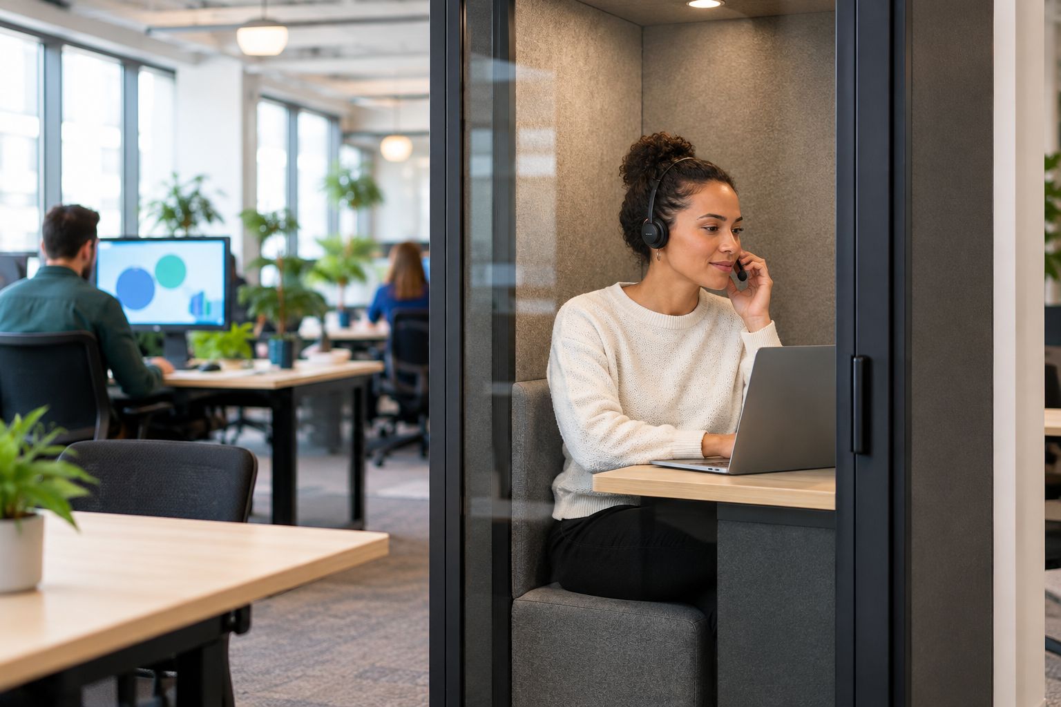 A caller wearing a headset inside an enclosed booth with the laptop facing away from shared desks
