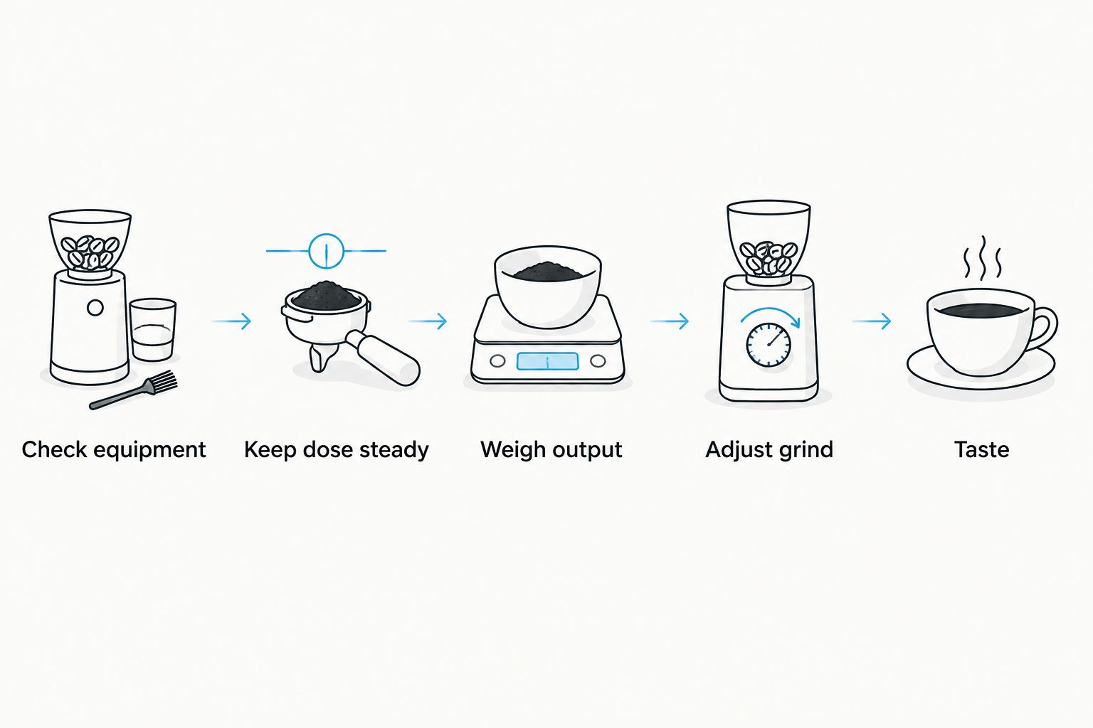 Five steps for setting up decaf espresso, from checking equipment to tasting the shot