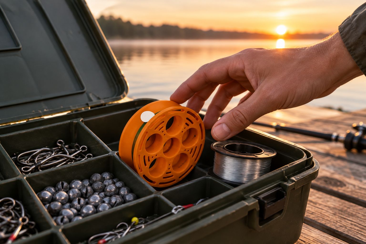 GoReel hand reel and line lock resting in an organized tackle case